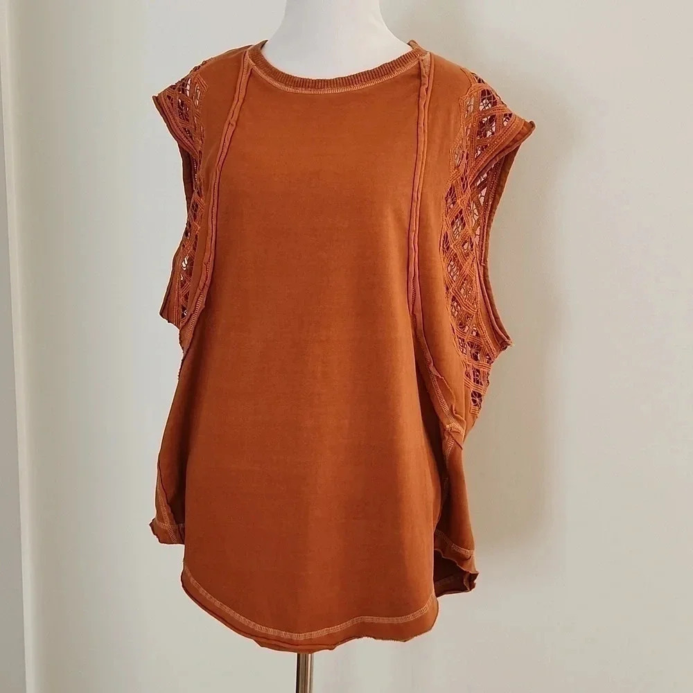 NWOT || FREE PEOPLE || Table For Two, tee, lace, raw hems, baggy fit, medium - Picture 3 of 6
